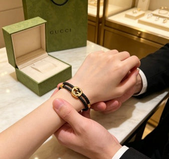Gucci GG Circle Leather Cord Black Bracelet
