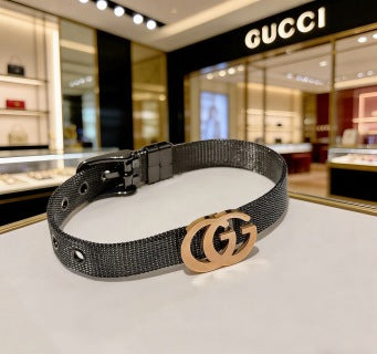 Gucci GG Interlocking Logo Black Leather Bracelet
