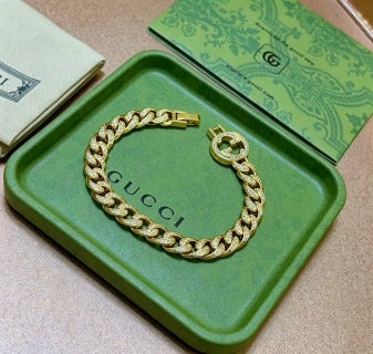 Gucci GG Crystal Pave Chain Link Gold Bracelet