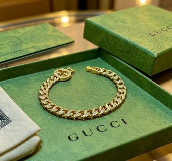 Gucci GG Crystal Pave Chain Link Gold Bracelet