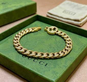 Gucci GG Crystal Pave Chain Link Gold Bracelet