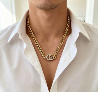 Gucci GG Crystal Interlocking Pendant Gold Chain Necklace