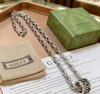 Gucci GG Barrel Pendant Silver Link Chain Necklace