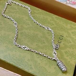 Gucci GG Charm Cylinder Drop Silver Chain Necklace