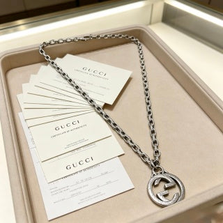 Gucci GG Crystal Circle Medallion Silver Chain Necklace