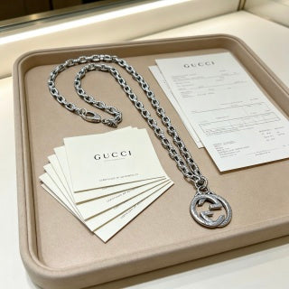 Gucci GG Crystal Circle Medallion Silver Chain Necklace