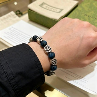Gucci GG Blue Onyx Bead Silver Accent Bracelet