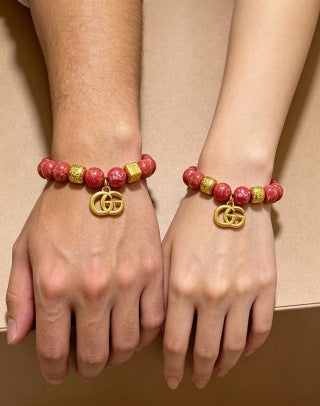 Gucci GG Red Bead Charm Gold Bracelet