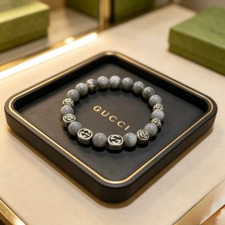 Gucci GG Grey Bead Silver Accent Stretch Bracelet