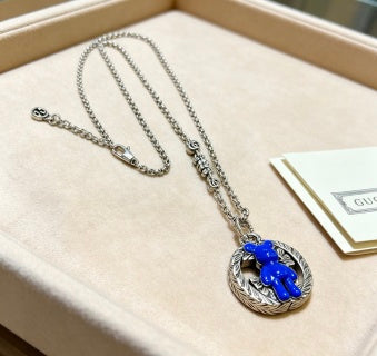 Gucci GG Blue Bear Charm Silver Pendant Necklace