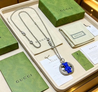Gucci GG Blue Bear Charm Silver Pendant Necklace