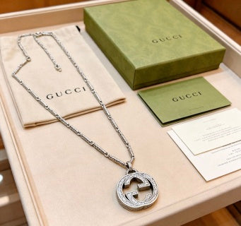 Gucci GG Interlocking Round Pendant Silver Chain Necklace