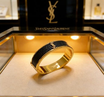 YSL Cassandre Noir Leather Cuff Bracelet