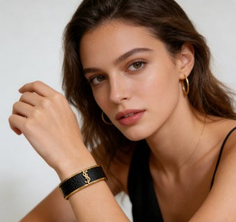 YSL Cassandre Noir Leather Cuff Bracelet