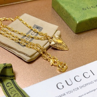 Gucci GG Leaf Drop Pendant Gold Chain Necklace