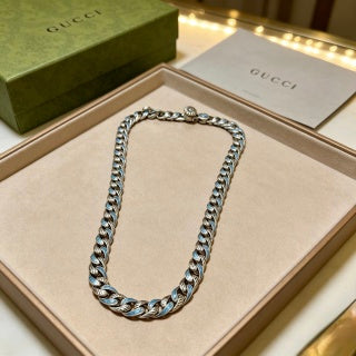 Gucci GG Blue Enamel Cuban Link Silver Necklace