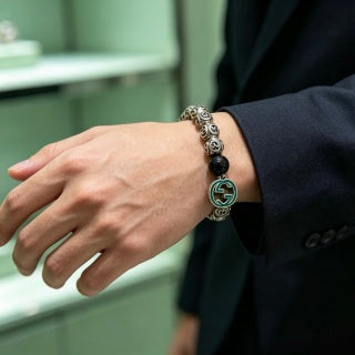 Gucci GG Black Bead Medallion Charm Bracelet