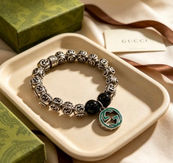 Gucci GG Black Bead Medallion Charm Bracelet