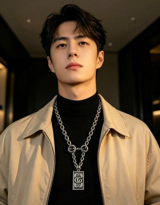 Gucci GG Monogram Plaque Long Silver Chain Necklace