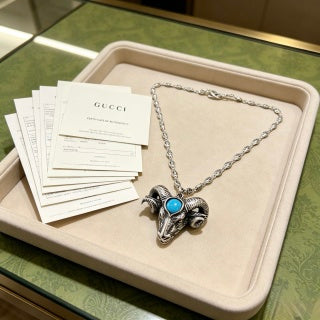 Gucci GG Tiger Head Turquoise Pendant Silver Necklace