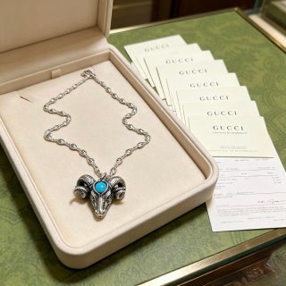 Gucci GG Tiger Head Turquoise Pendant Silver Necklace