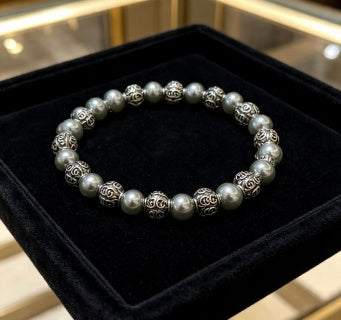 Gucci GG Pearl Bead Filigree Silver Bracelet