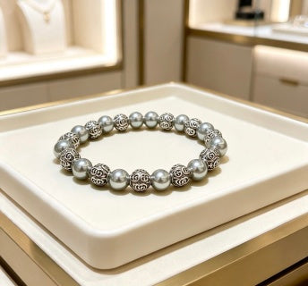 Gucci GG Pearl Bead Filigree Silver Bracelet