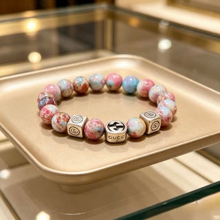 Gucci GG Pink Marble Bead Silver Accent Bracelet