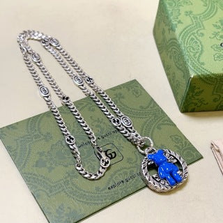 Gucci GG Blue Horsebit Medallion Necklace