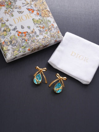 Dior Elara Aqua Crystal Ribbon Drop Stud Earrings
