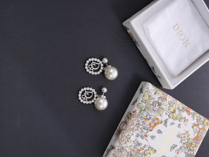 Dior Evelyne Crystal Halo CD Pearl Drop Stud Earrings