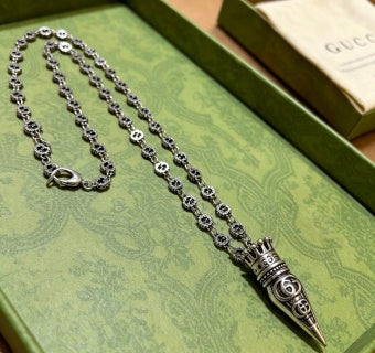 Gucci GG Engraved Spike Pendant Chain Necklace